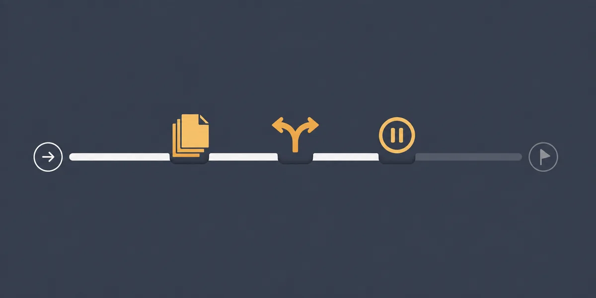 A progress track running left to right, interrupted at three points by icons for stacked documents, a fork in the road and a pause button, with the final stretch greyed out
