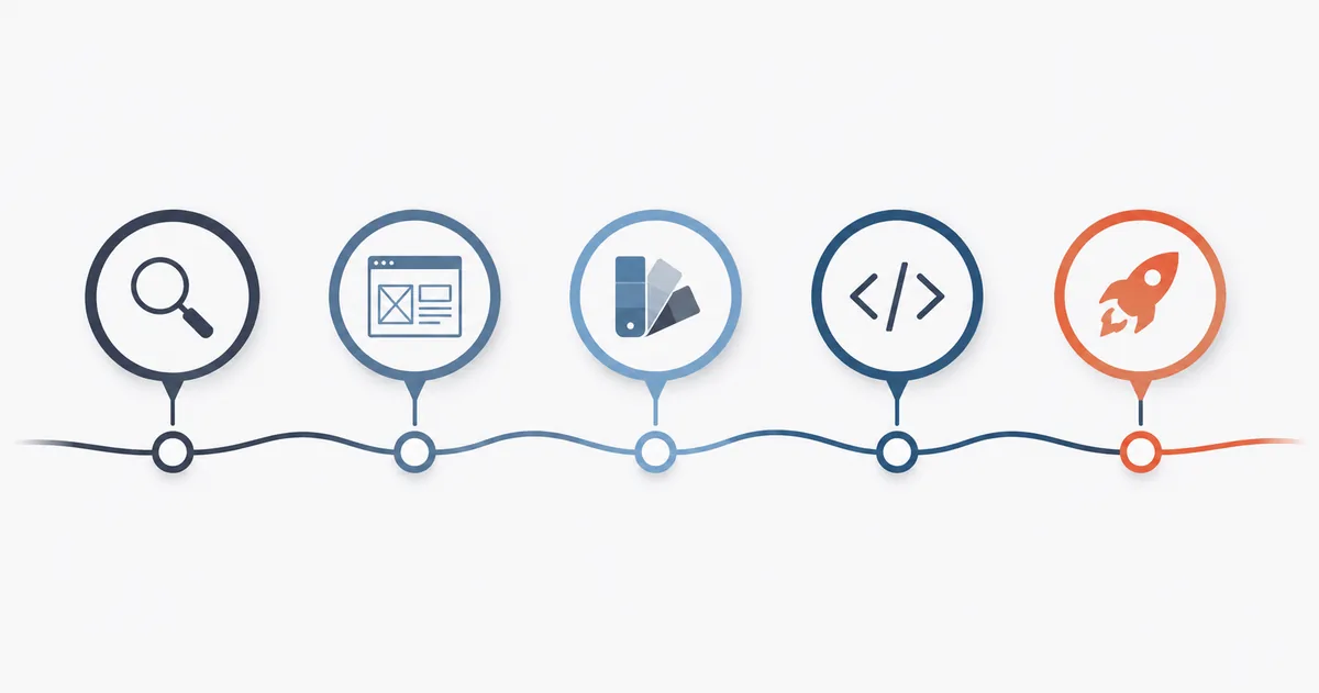 A timeline with five markers along it, carrying icons for research, wireframing, visual design, code and launch